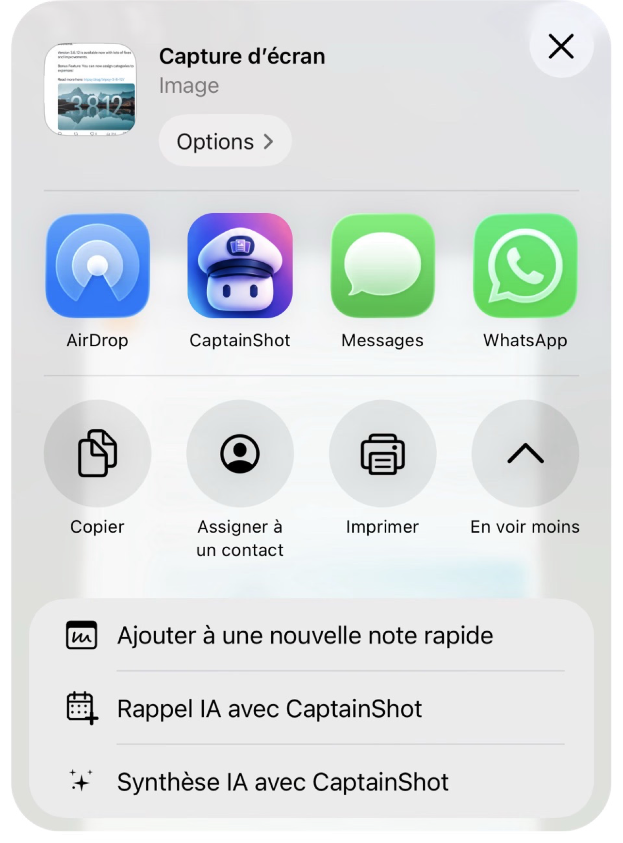 Actions CaptainShot depuis la feuille de partage